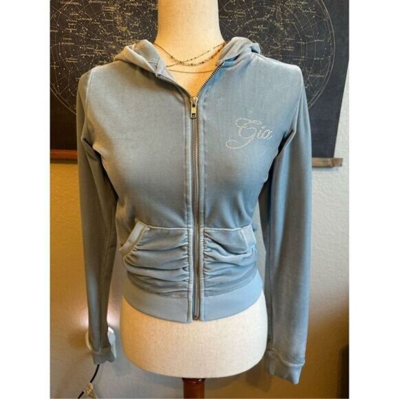 I.AM.GIA Kameron Velour Zip Up Jacket Women Small Blue Bedazzled Ruched - Picture 1 of 16
